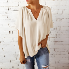 Heidi - Flowy V Neck Blouse — Beige