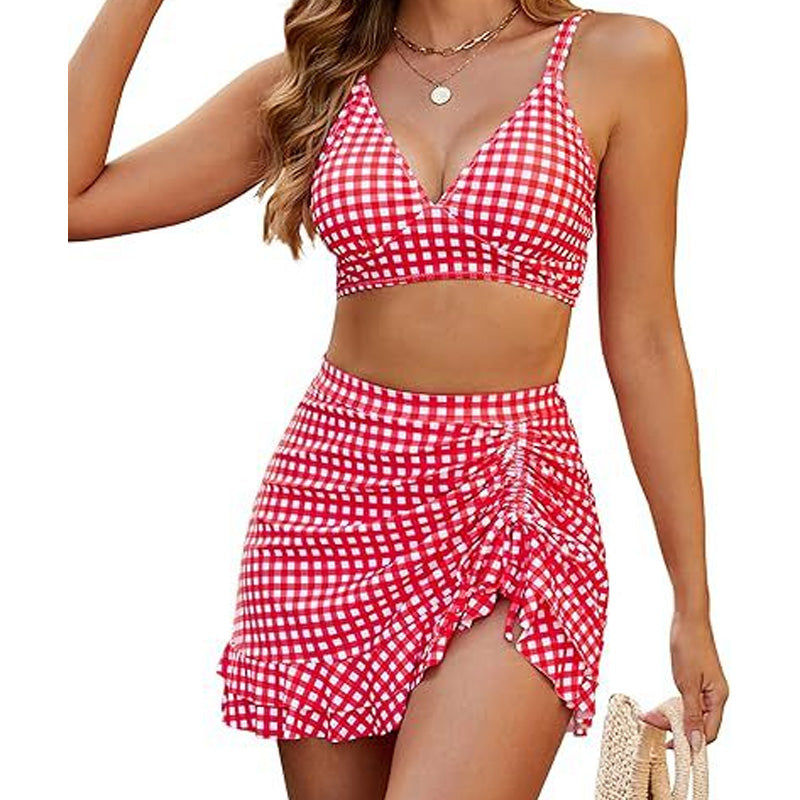 Stephanie - Leopard Bikini with Swim Skirt — Red Check