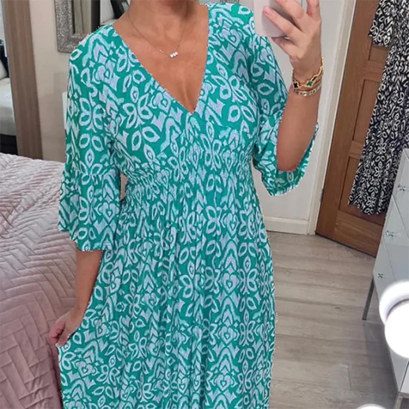 Charmaine - Print V Neck Tunic Dress — Blue