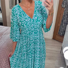 Charmaine - Print V Neck Tunic Dress — Blue