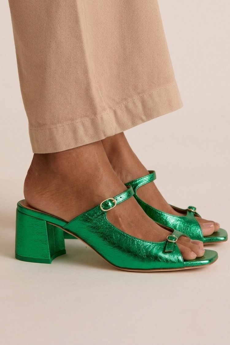 Stephanie - Metallic Block Heel Mules — Green