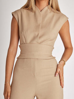 Ella - Sleeveless Wide Leg Jumpsuit — Beige