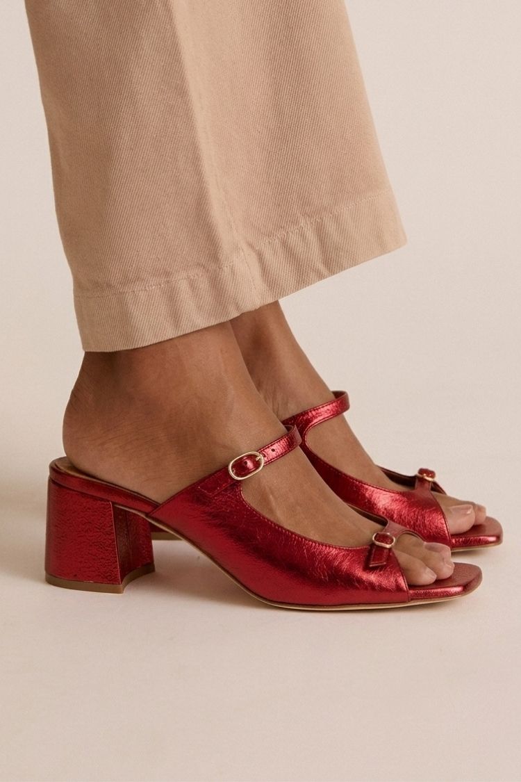 Stephanie - Metallic Block Heel Mules — Dark Red