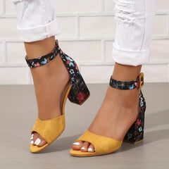 Celia - Block Heel with Print Detail — Yellow