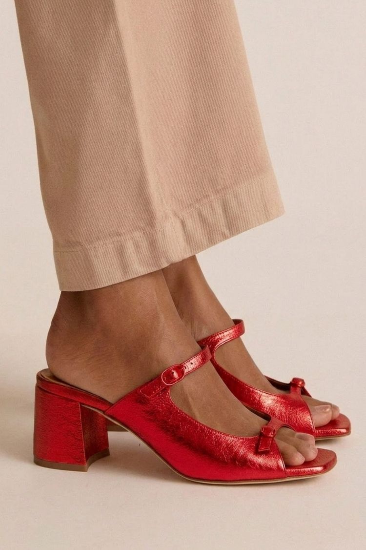 Stephanie - Metallic Block Heel Mules — Bright Red
