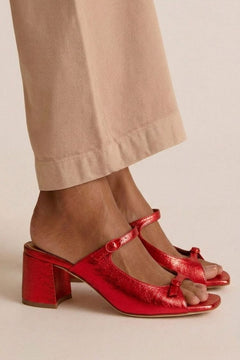 Stephanie - Metallic Block Heel Mules — Bright Red