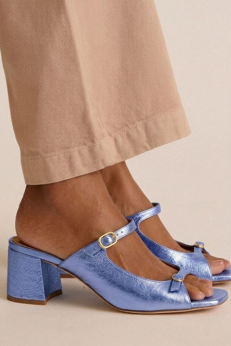 Stephanie - Metallic Block Heel Mules — Sky Blue