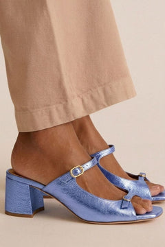 Stephanie - Metallic Block Heel Mules — Sky Blue