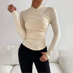Veronica - Crossover Ruched Top — Beige