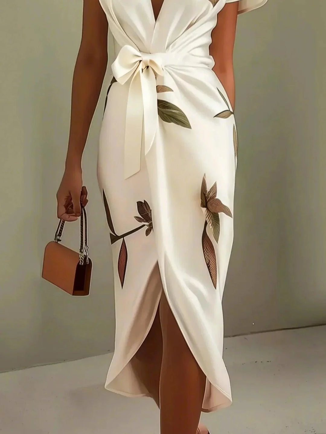 Solene - Leaf Print Satin Wrap Midi Dress