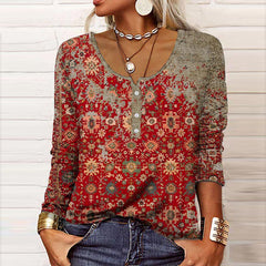 Fernanda - Floral Print Henley Top — Red