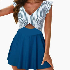 Ophelia - Ruffle Cross Swim Dress — Blue White Stripe+blue