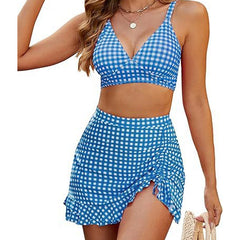 Stephanie - Leopard Bikini with Swim Skirt — Blue Check