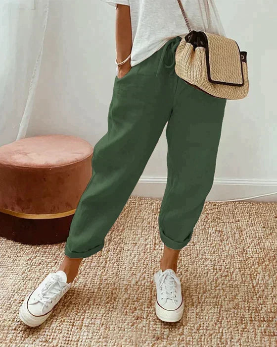 Maryanne - Linen Cuffed Trousers — Green