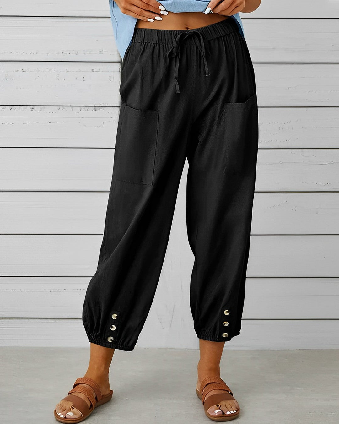 Virginia - Linen Trousers with Button Cuff — Black
