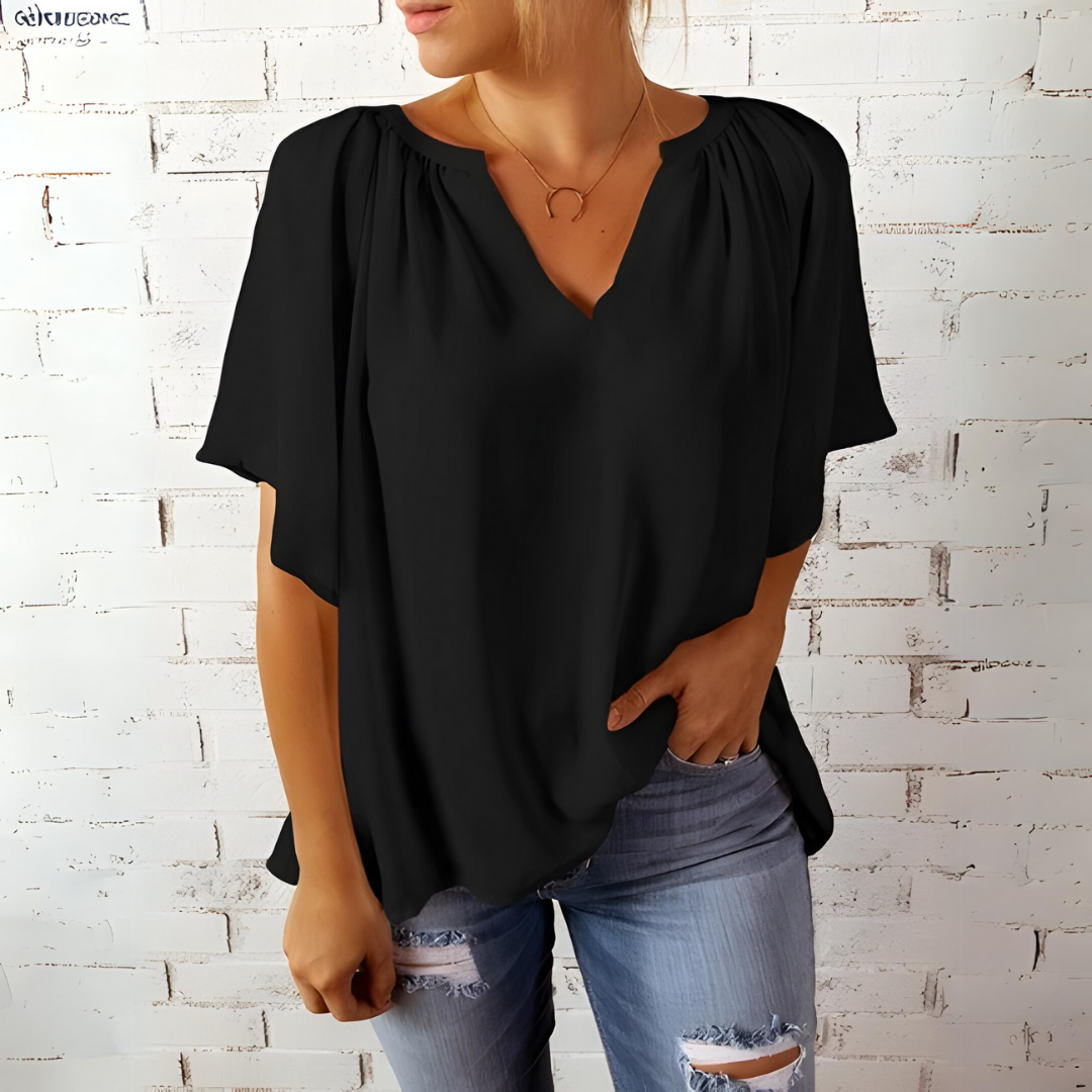 Heidi - Flowy V Neck Blouse — Black