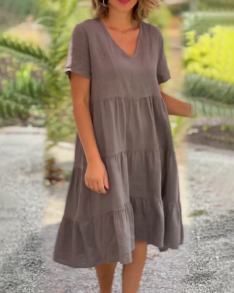 Elsie - Tiered V Neck Midi Dress — Brown