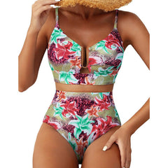 Gwendolyn - Floral Bikini with Gold Trim — Green and Pink Lilies