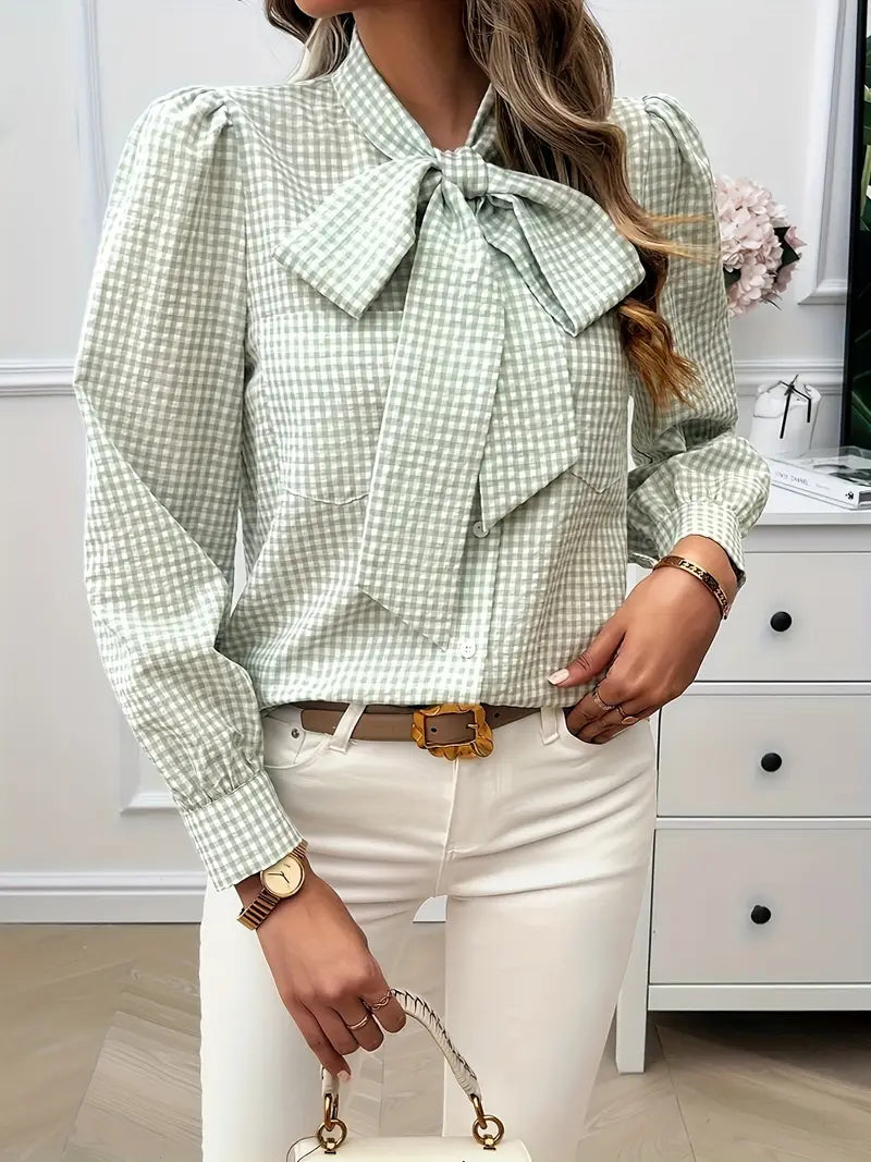 Aurora - Gingham Blouse with Bow — Light grey
