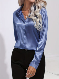 Madeleine - Satin Shirt with Collar — Blue