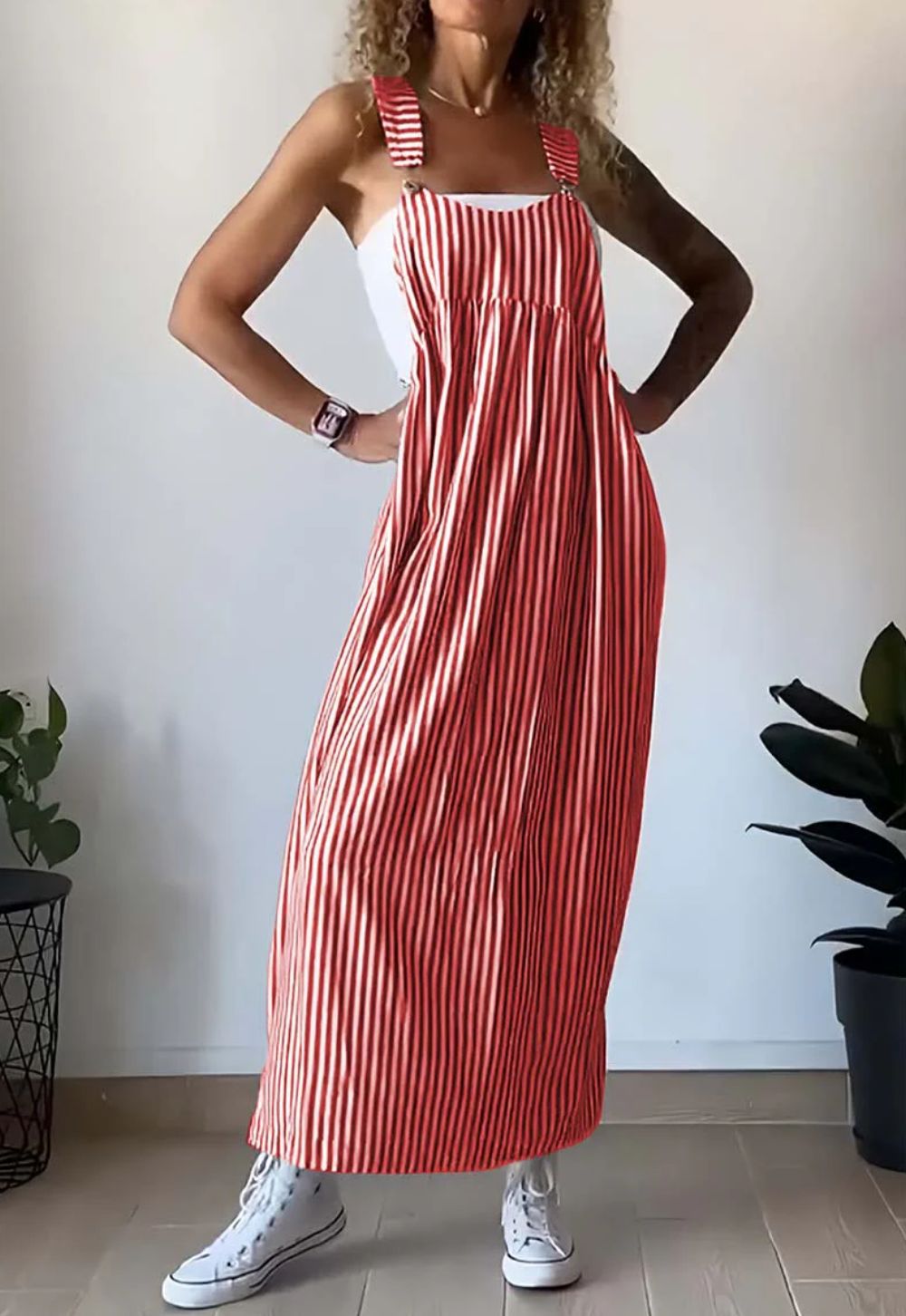 Jacqueline - Striped Pinafore Jumpsuit — Red