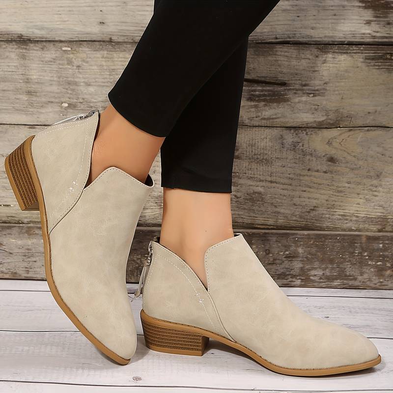 Clementine - Suede Ankle Boots with V Cut — Beige