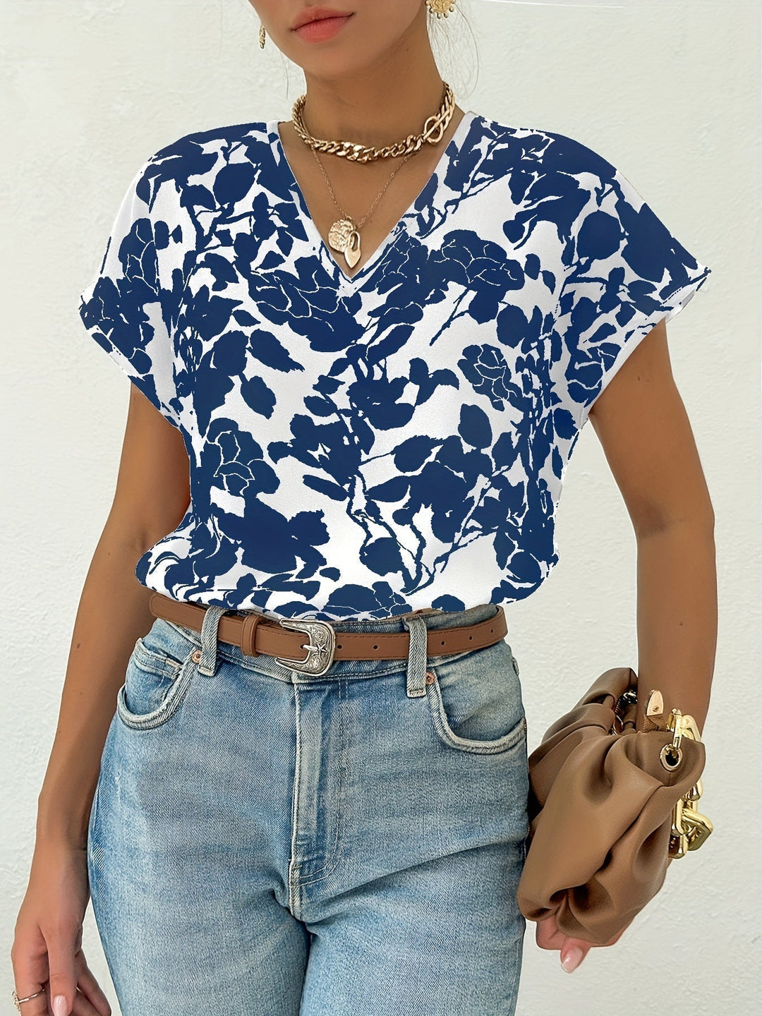 Lavender - Floral V Neck Blouse — Blue