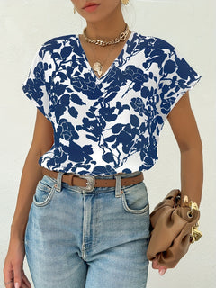 Lavender - Floral V Neck Blouse — Blue