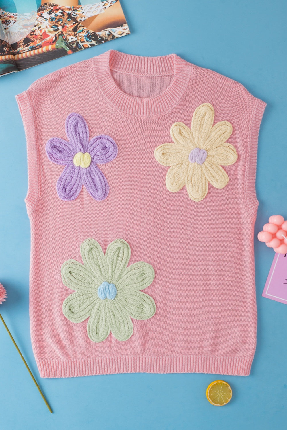 Christina - Knit Vest with 3D Flowers — Pink