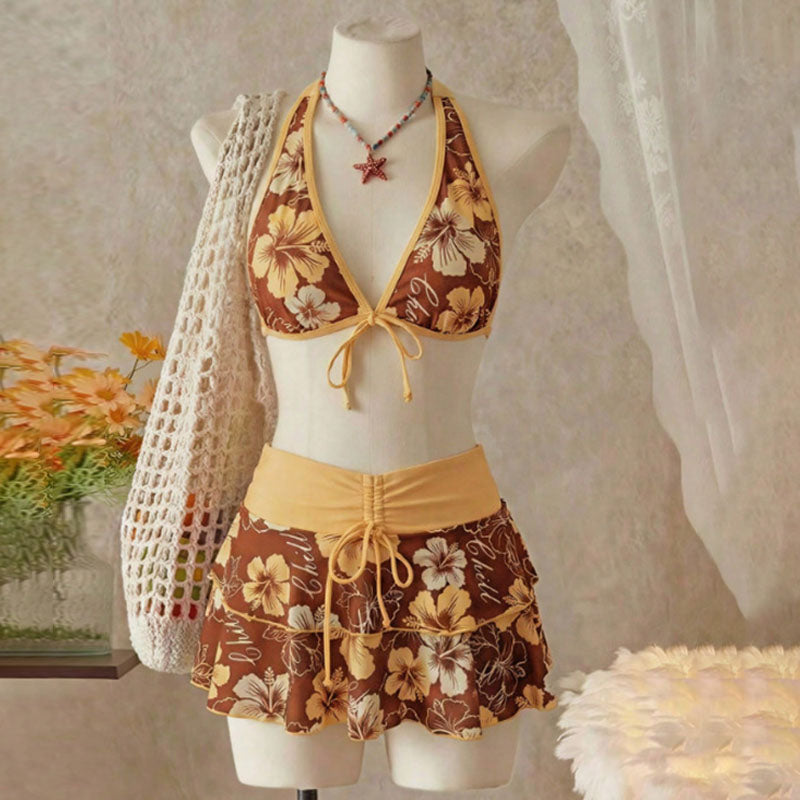 Samantha - Tropical Ruffle Bikini Set — Brown Background with Yellow Flowers