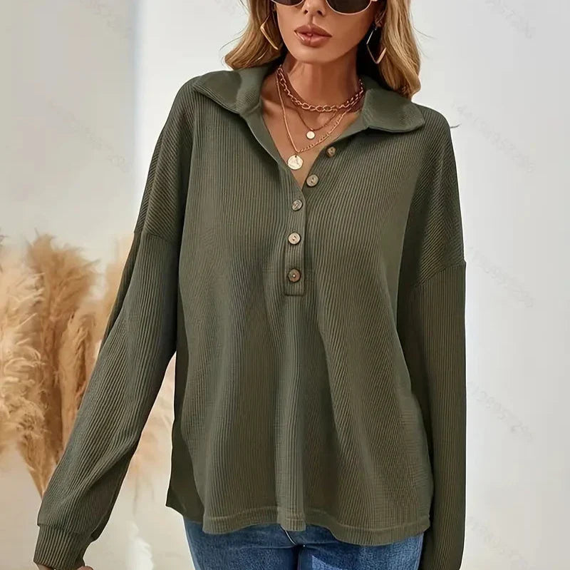 Lilian - Ribbed Button Collar Top