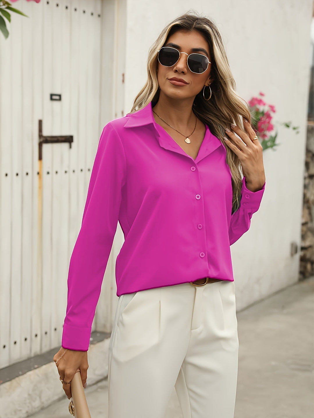 Vivienne - Satin Button Shirt — Pink red