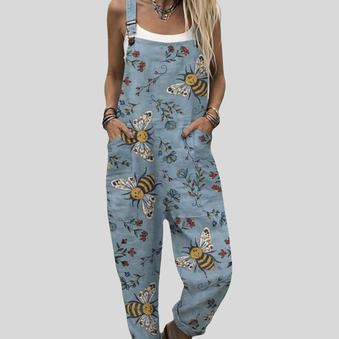 Viola - Light Blue Overalls with Bee Print