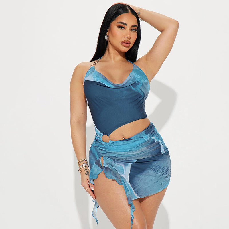 Alexandra - Tie Dye Swimsuit with Sarong — Blue