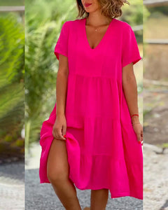 Elsie - Tiered V Neck Midi Dress — Pink