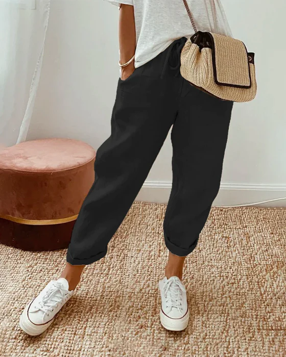 Maryanne - Linen Cuffed Trousers — Black