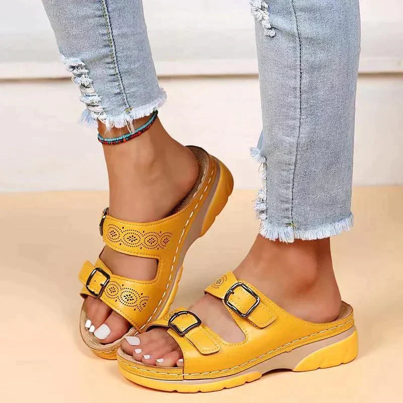 Pearl - Double Buckle Platform Slides — Yellow