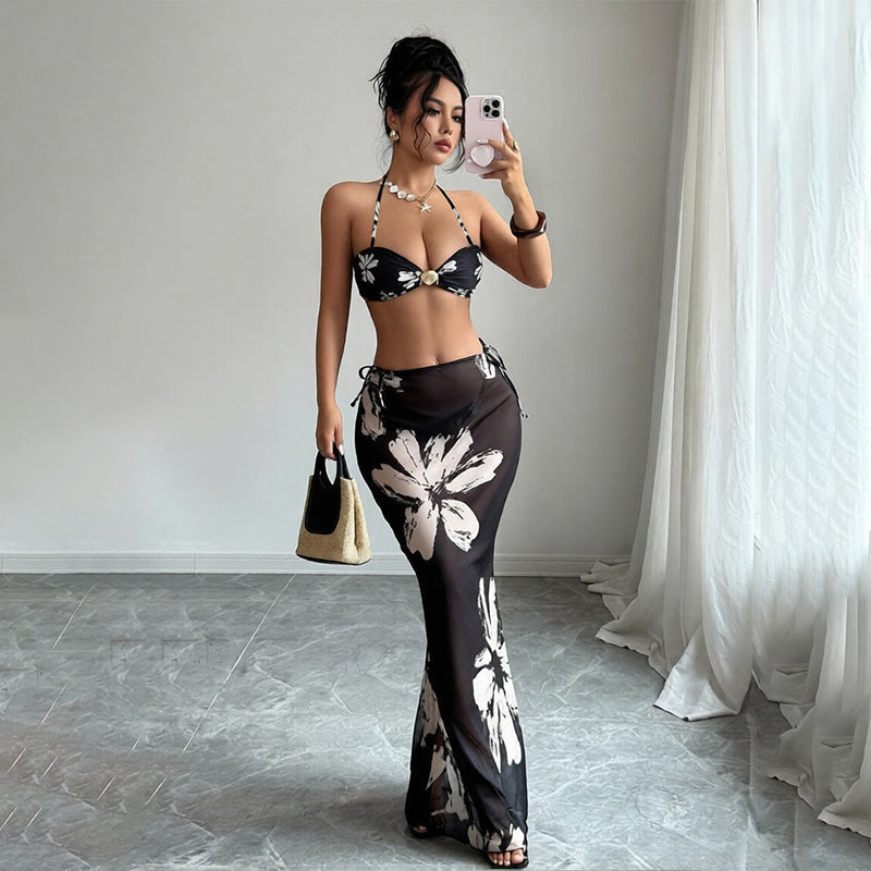 Josephine - Floral Bikini with Flare Pants — Black