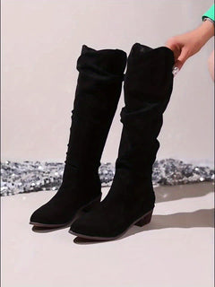 Zoe - Suede Slouch Knee High Boots — Black