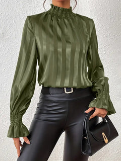 Charmaine - High Neck Stripe Blouse — Army green