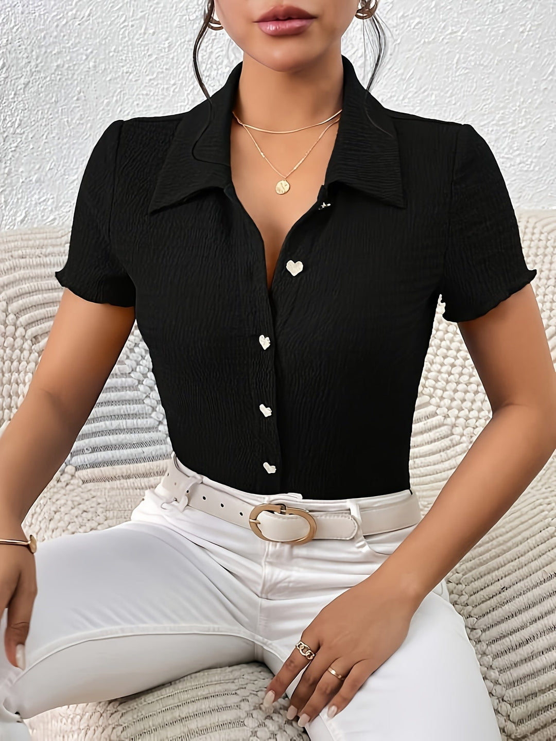 Maya - Ribbed Short Sleeve Polo Top