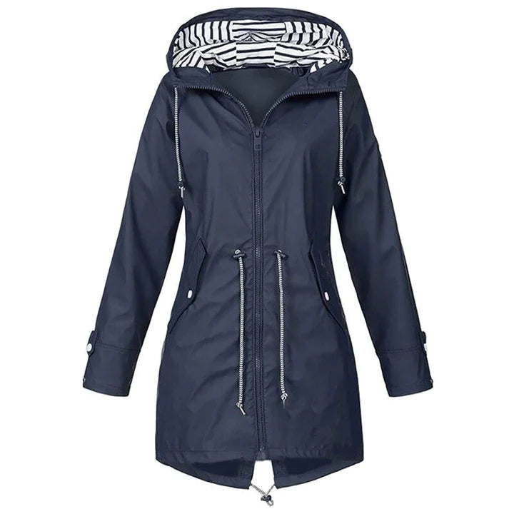 Carissa - Hooded Drawcord Raincoat — Navy blue