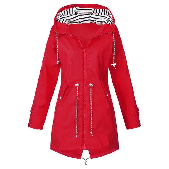 Carissa - Hooded Drawcord Raincoat — Red