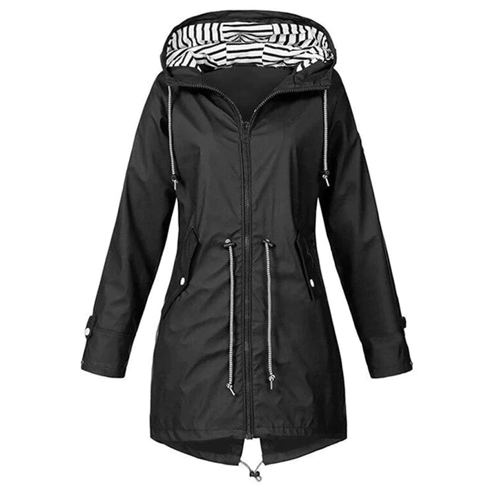 Carissa - Hooded Drawcord Raincoat — Black