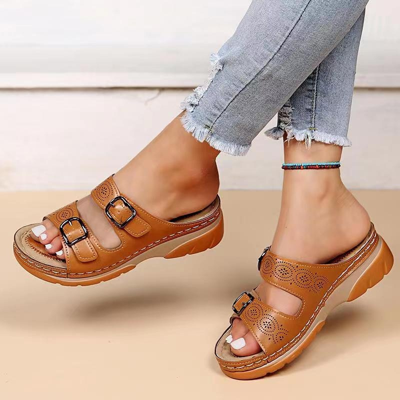 Jacqueline - Double Buckle Leather Slides — Brown