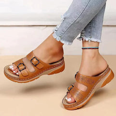 Pearl - Double Buckle Platform Slides — Brown