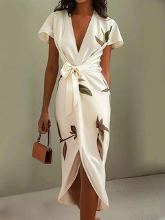 Solene - Leaf Print Satin Wrap Midi Dress