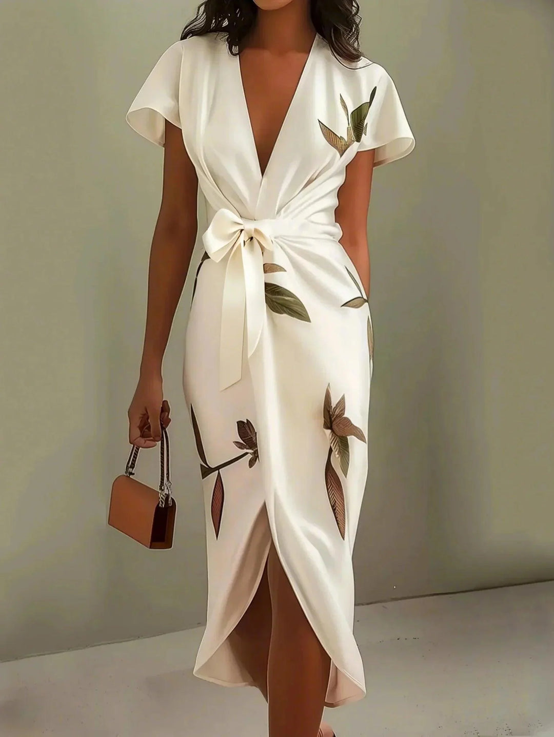 Solene - Leaf Print Satin Wrap Midi Dress