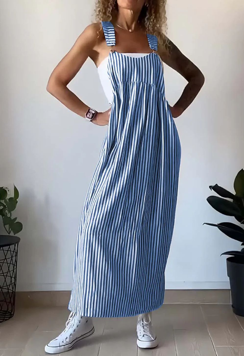 Jacqueline - Striped Pinafore Jumpsuit — Blue