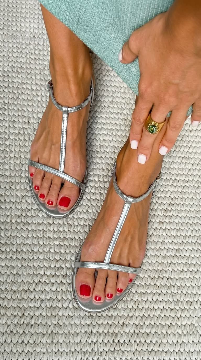 Noelle - T Bar Flat Sandals — Silver